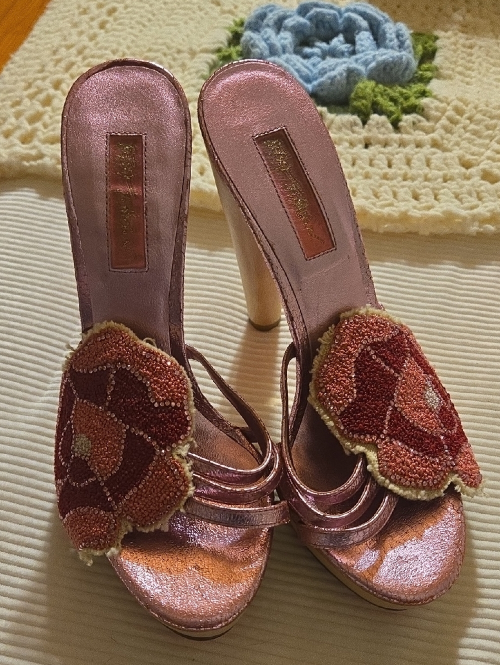 Betsey Johnson Pink and Orange Beaded Floral High Heel Sandals